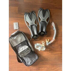 Speedo Snorkel Set Fins Mask Snorkel Travel Bag Gray Black Adult Swim Gear